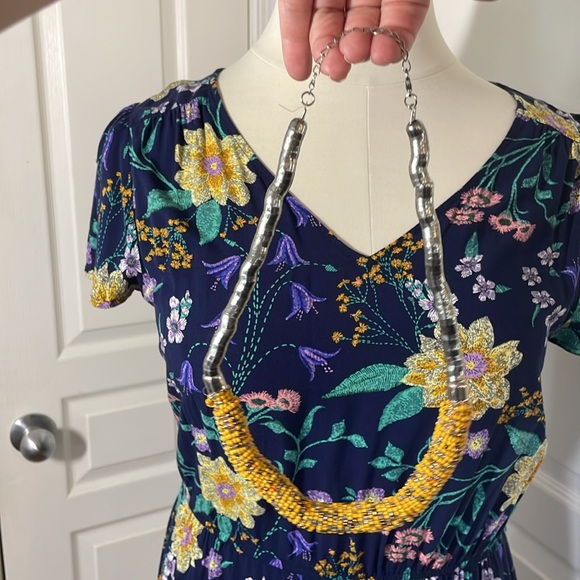 Vintage Seed Bead Statement Necklace Aztec Mustard Yellow Extender Office Silver - Picture 12 of 17